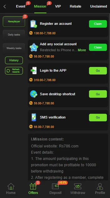 rs786 missions to earn